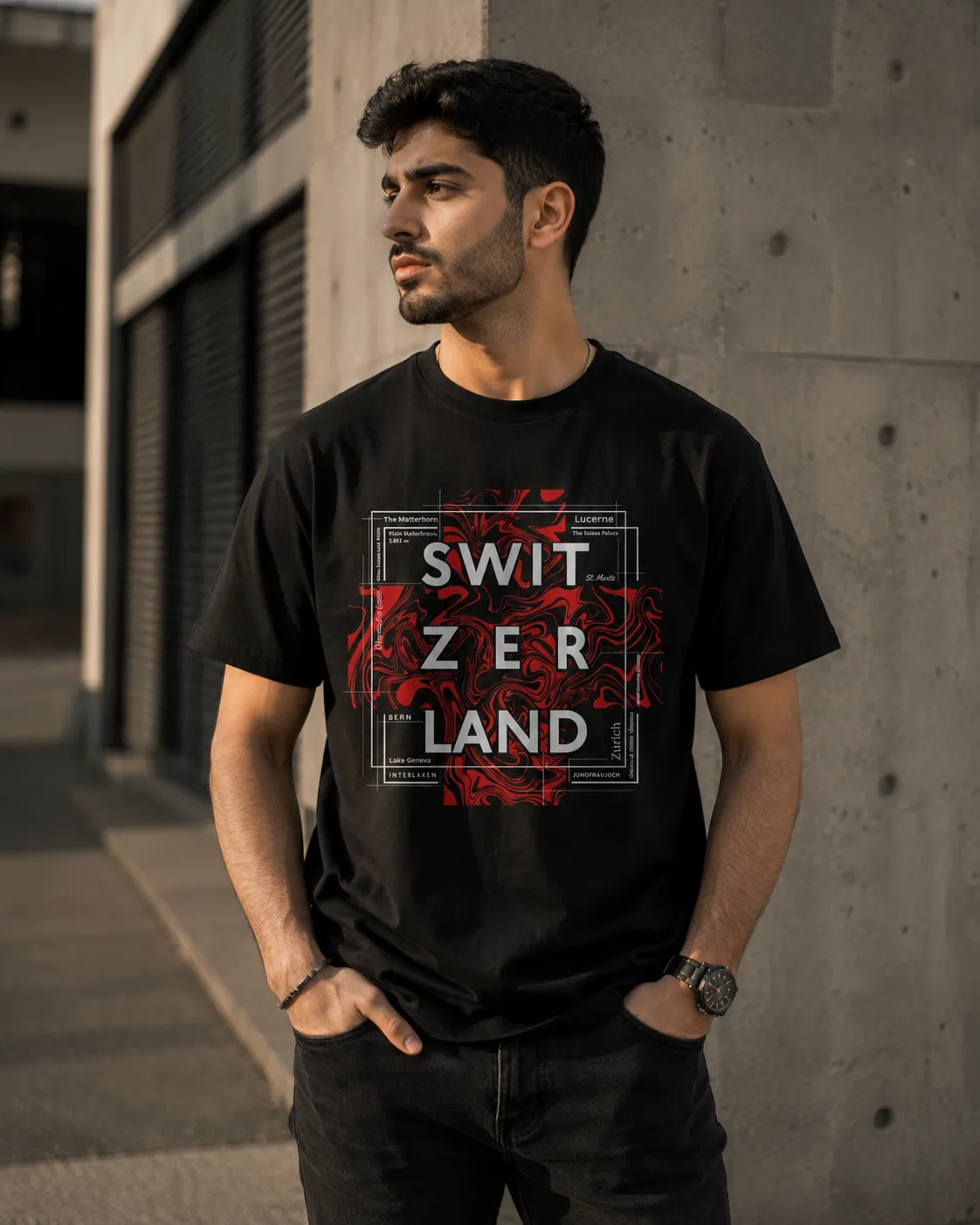 تی‌شرت آستین کوتاه مردانه طرح Switzerland Street
